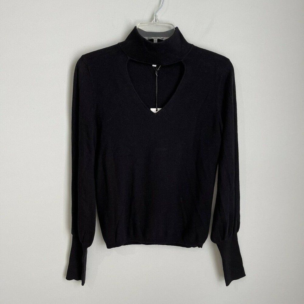 New White + Warren Black Silk Blend Keyhole Mock Neck Sweater
